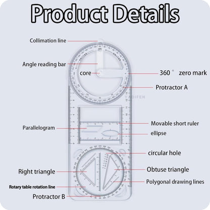 Multifunctional Geometric Ruler – Math, Drawing & Measuring Tool for Students & Designers